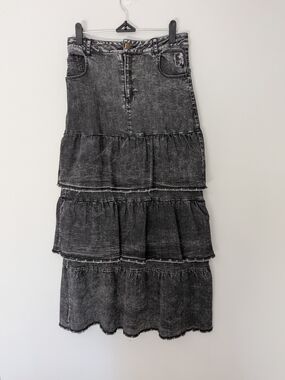 Elements Redefined Ruffle Tiered Denim Skirt Maxi Gray Mineral Wash Sz 18​ Girls